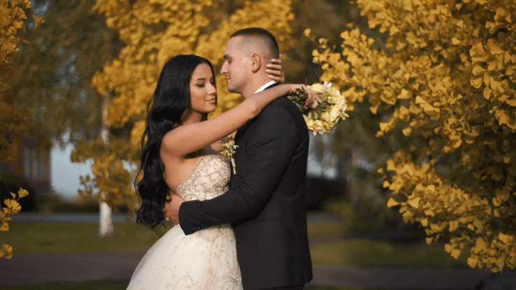 wedding title animations overlayed on top of a scene of a young couple getting married