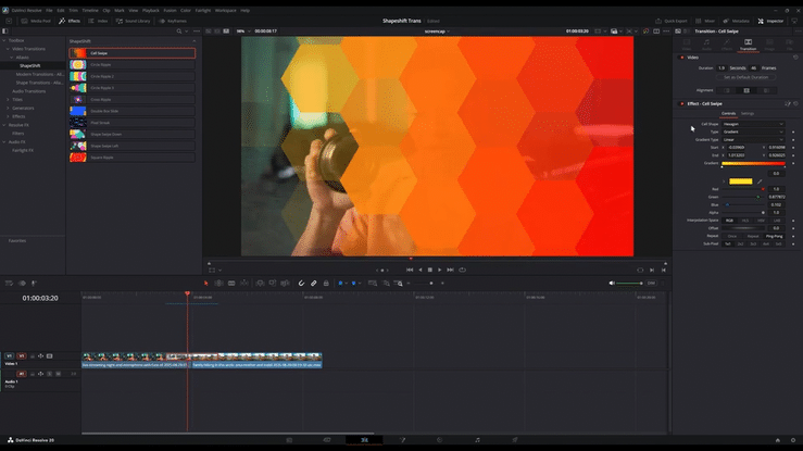 a display of customization options being applied for the Shape Shift geometric transitions for davinci resolve