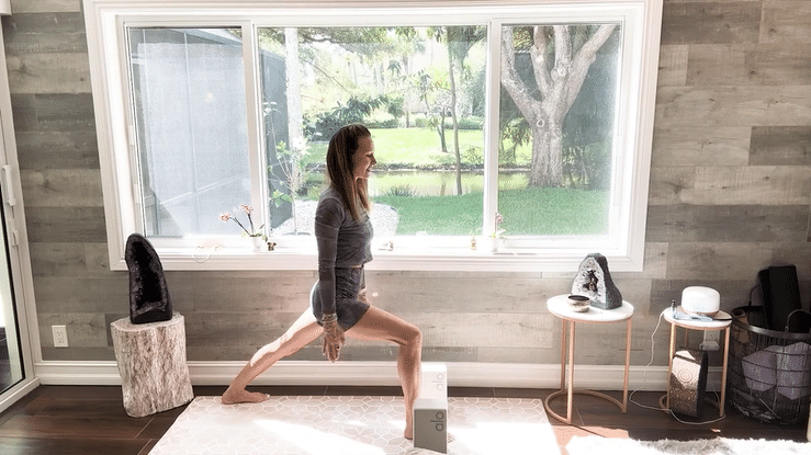 Sarah Platt-Finger guiding a yoga sequence