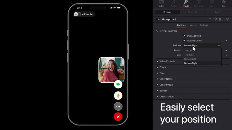a gif of an editor changing position option for the video chat template to place video call boxes into different predefined positions.