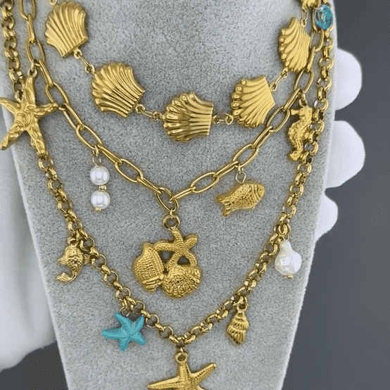 "Starfish And Seashell" Necklace, 18K Gold Plated Steel