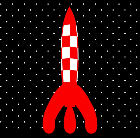 A red and white space rocket in the snow