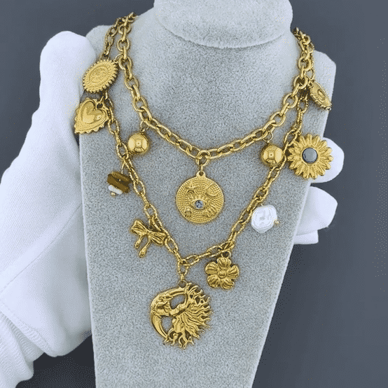 "Sun And Moon" Necklace, 18K Gold Plated Steel