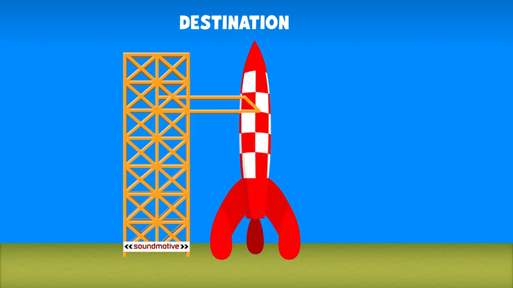 A red and white rocket takes off into space