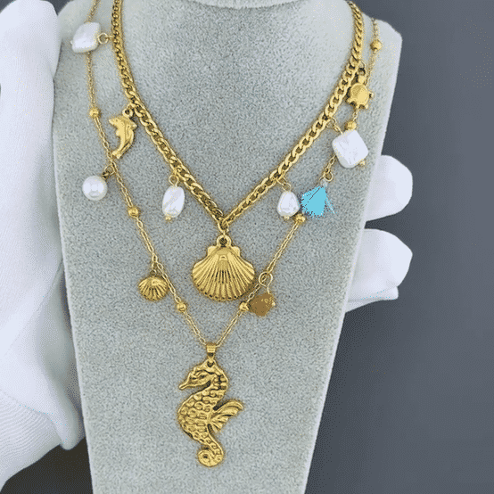 "Seahorse" Necklace, 18K Gold Plated Steel