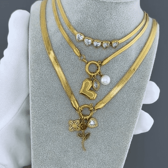 "Flowers" Necklace, 18K Gold Plated Steel