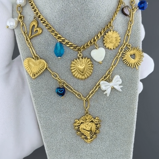 "Hearts" Necklace, 18K Gold Plated Steel