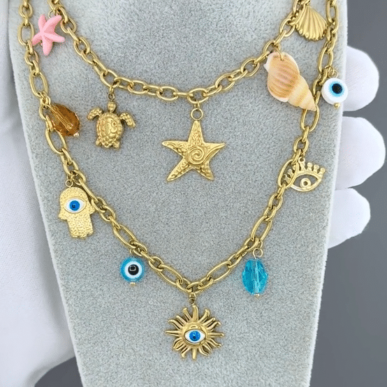 "Evil Eyes" Necklace, 18K Gold Plated Steel