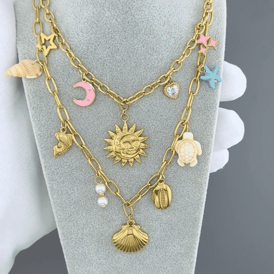 "Crescent And Sun" Necklace, 18K Gold Plated Steel