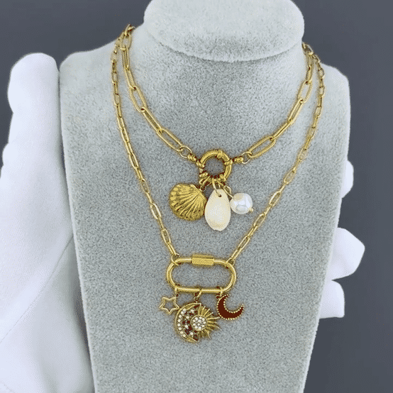 "Crescent And Sun" Necklace, 18K Gold Plated Steel