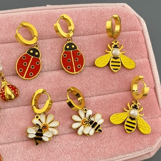 "Ladybugs" Earrings, 18K Gold Plated Steel