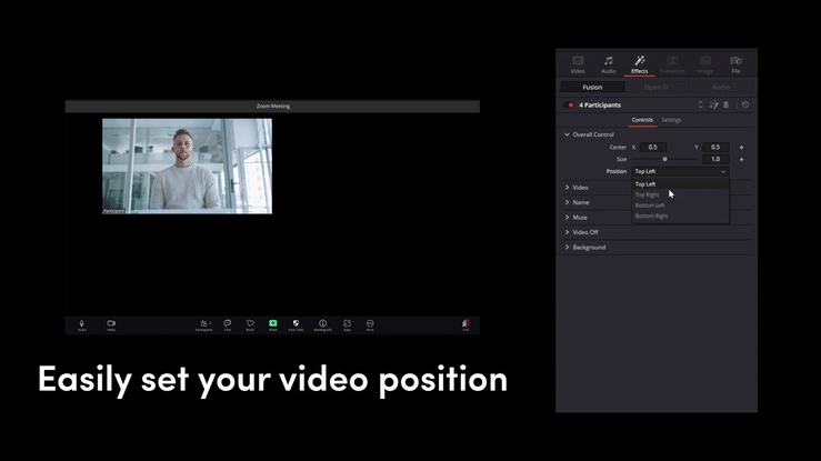 demonstration of customizing template parameters inside davinci resolve for the Zoom Video Call template