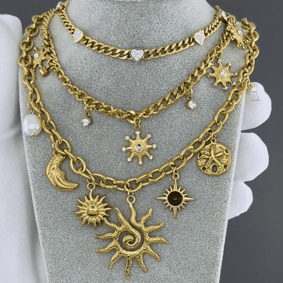 "Crescent And Sun" Necklace, 18K Gold Plated Steel