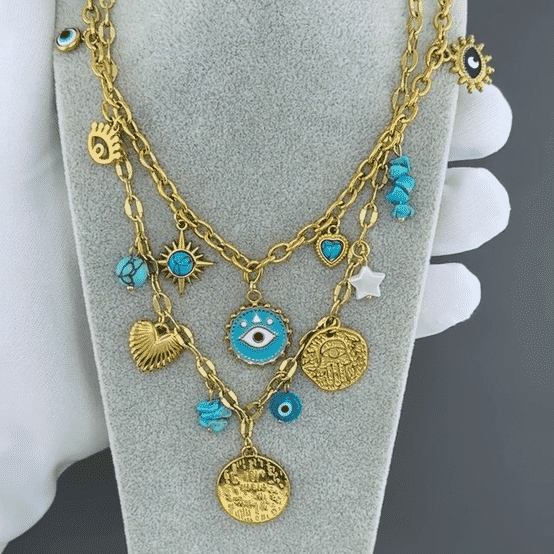 "Evil Eyes" Necklace, 18K Gold Plated Steel