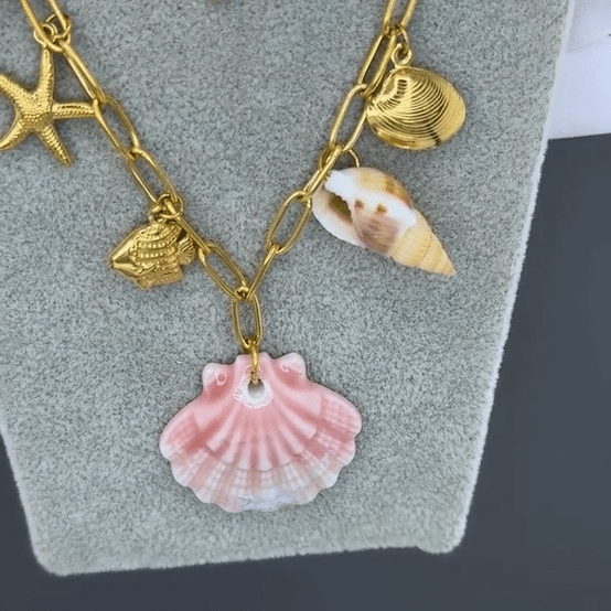 "Starfish And Seashell" Necklace, 18K Gold Plated Steel