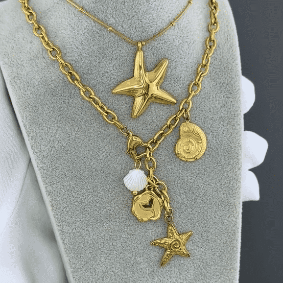 "Starfish And Seashell" Necklace, 18K Gold Plated Steel
