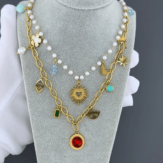 "Evil Eyes" Necklace, 18K Gold Plated Steel