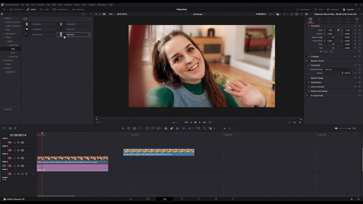 a gif of a video editor using the video chat template inside davinci resolve to create video call simualtion