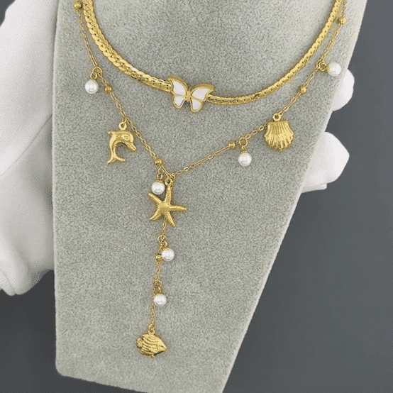 "Starfish and Seashell" Necklace, 18K Gold Plated Steel