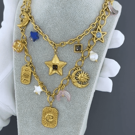 "Crescent And Sun" Necklace, 18K Gold Plated Steel