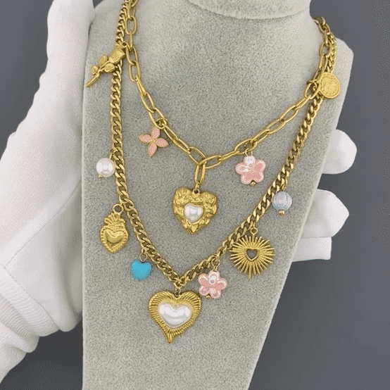 "Hearts" Necklace, 18K Gold Plated Steel