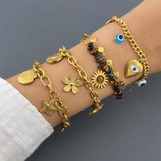 "Starfish and Seashell" Bracelet, 18K Gold Plated Steel