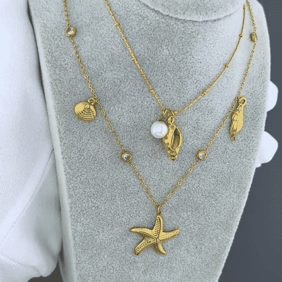 "Starfish And Seashell" Necklace, 18K Gold Plated Steel