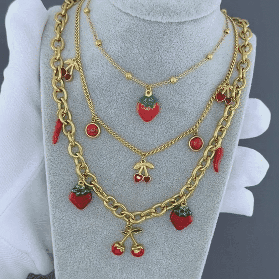 "Strawberry" Necklace, 18K Gold Plated Steel