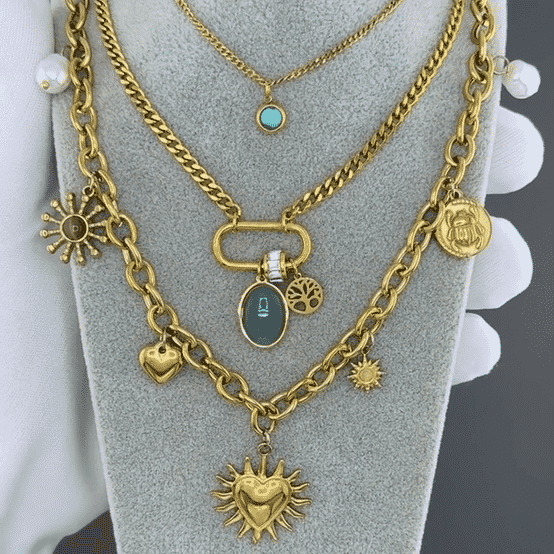 "Hearts" Necklace, 18K Gold Plated Steel