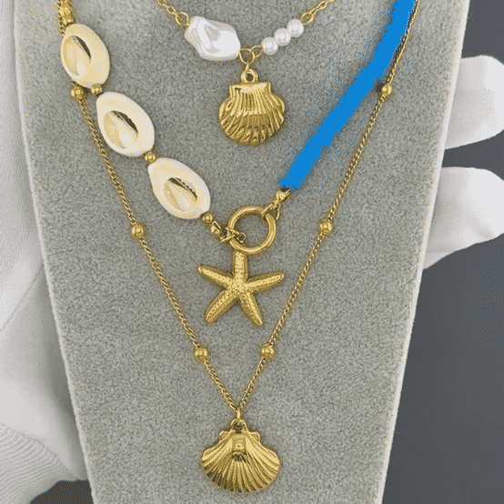 "Starfish And Seashell" Necklace, 18K Gold Plated Steel