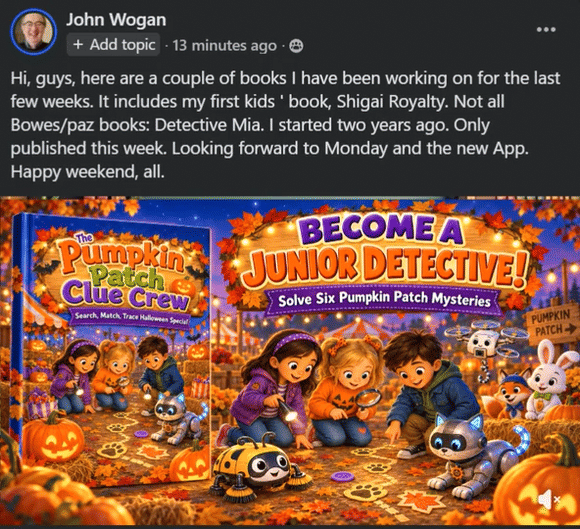 Member showing the kids mystery books he published with this engine