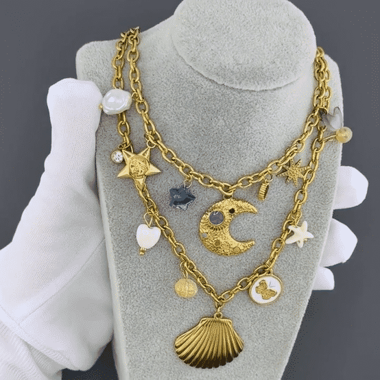 "Crescent And Star" Necklace, 18K Gold Plated Steel