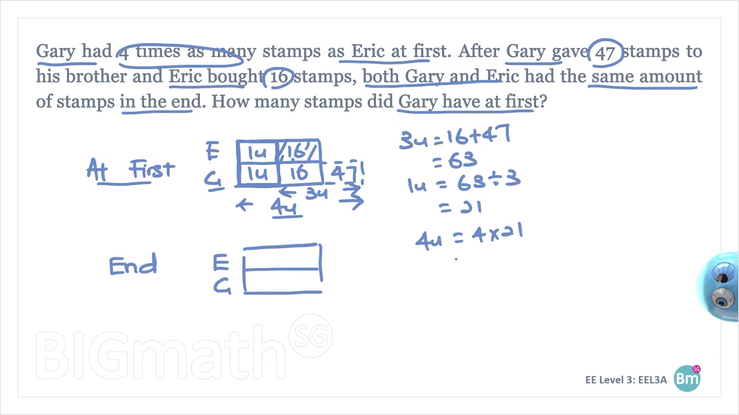 Detailed solution for Primary 3 Equal Amount (End) concept example