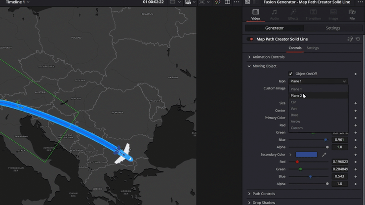 An editor choosing between different pin icons for the Map Path Creation tool for DaVinci Resolve.