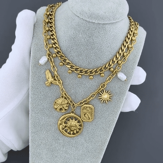 "Crescent And Sun" Necklace, 18K Gold Plated Steel