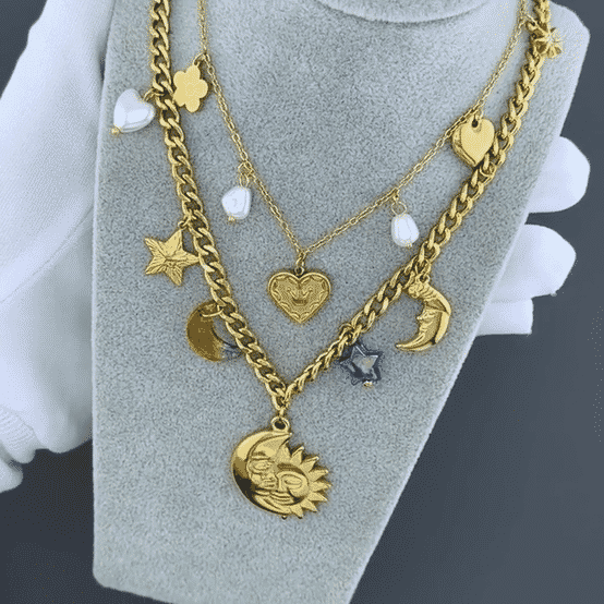"Hearts" Necklace, 18K Gold Plated Steel