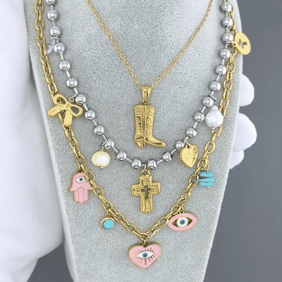 "Evil Eyes" Necklace, 18K Gold Plated Steel