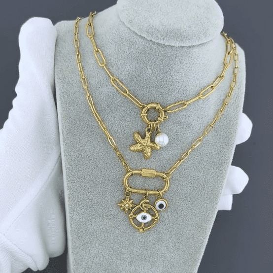 "Evil Eyes" Necklace, 18K Gold Plated Steel