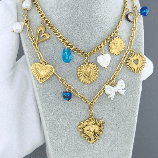 "Hearts" Necklace, 18K Gold Plated Steel