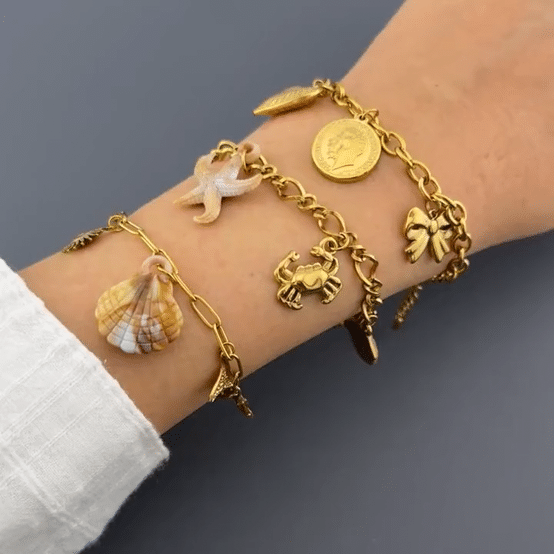 "Starfish and Seashell" Bracelet, 18K Gold Plated Steel